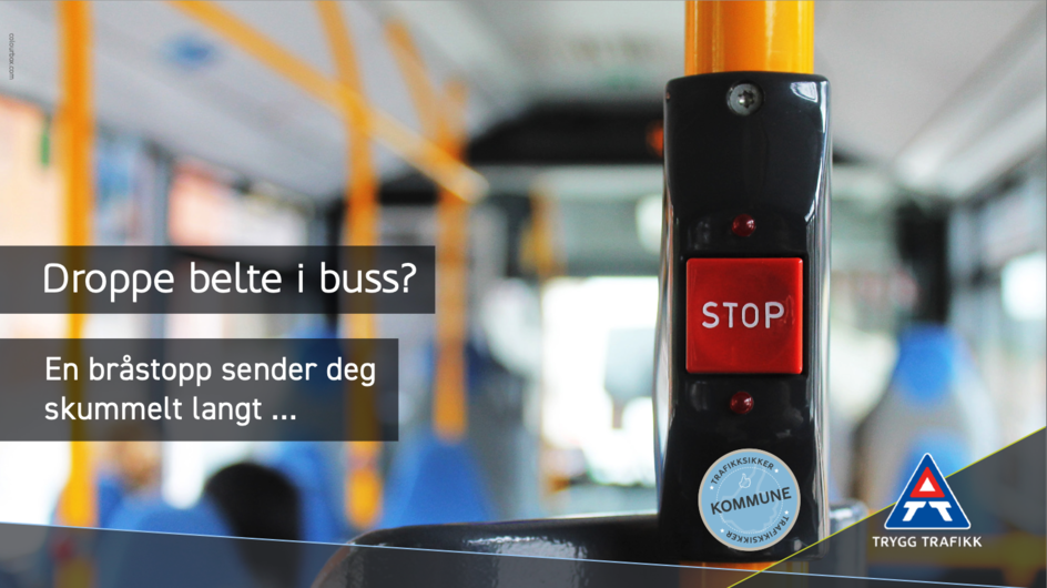Droppe belte i buss? En bråstopp sender deg skummelt langt. Bilde av stopp-knapp på buss. 